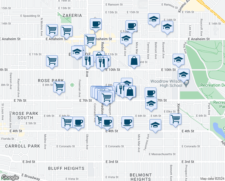 map of restaurants, bars, coffee shops, grocery stores, and more near 795 Loma Avenue in Long Beach