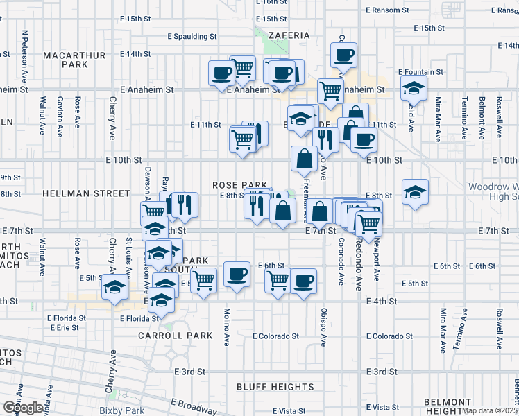 map of restaurants, bars, coffee shops, grocery stores, and more near 795 Gladys Avenue in Long Beach