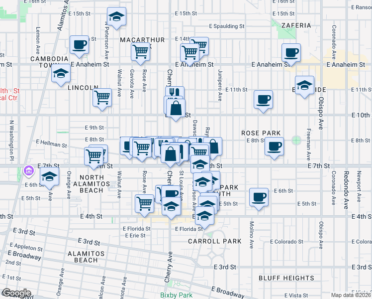 map of restaurants, bars, coffee shops, grocery stores, and more near 2082 East 8th Street in Long Beach
