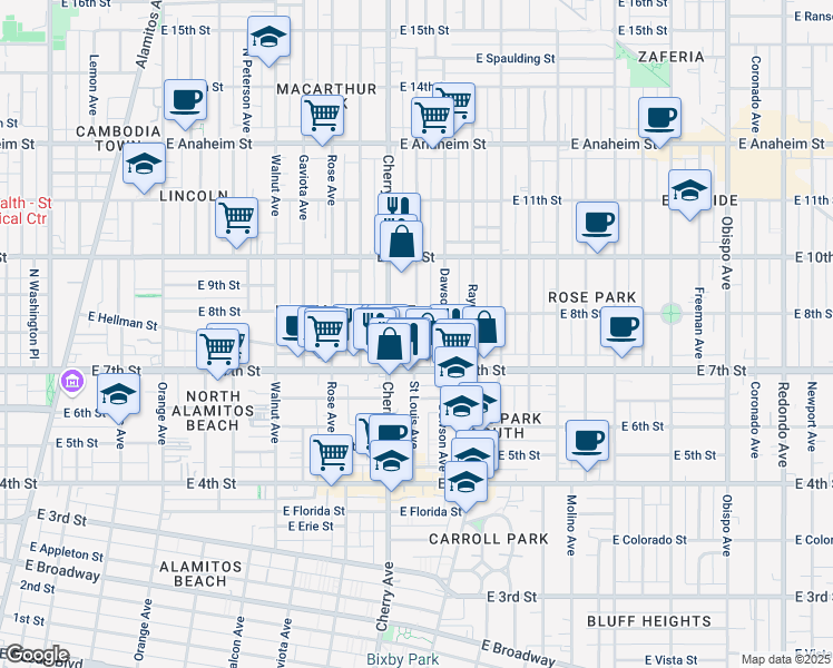 map of restaurants, bars, coffee shops, grocery stores, and more near 2082 East 8th Street in Long Beach