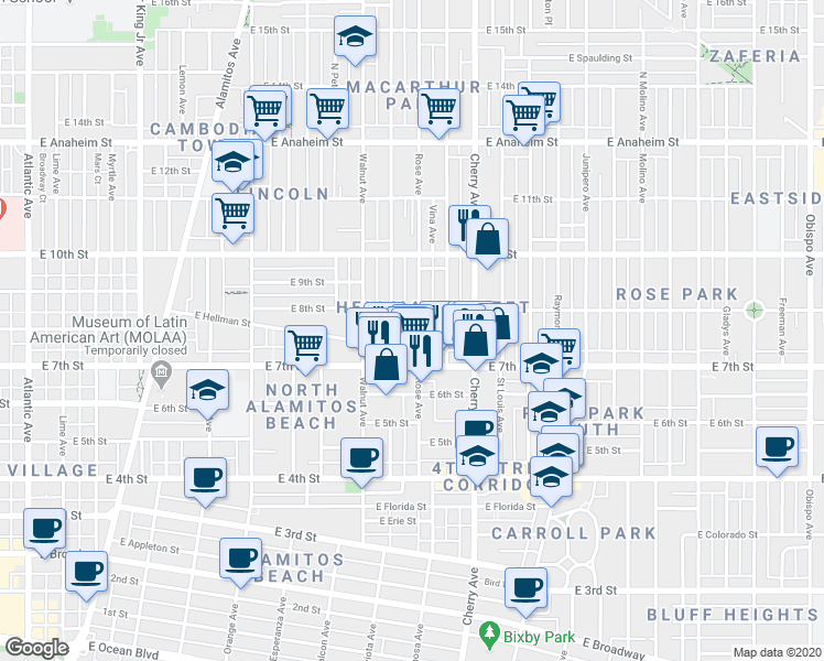 map of restaurants, bars, coffee shops, grocery stores, and more near in Long Beach
