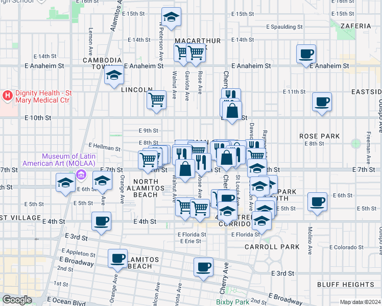 map of restaurants, bars, coffee shops, grocery stores, and more near in Long Beach