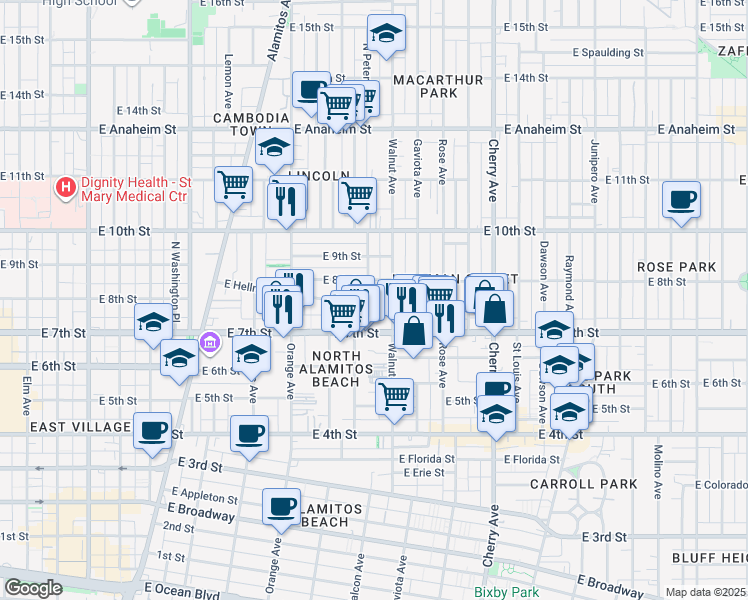 map of restaurants, bars, coffee shops, grocery stores, and more near 1502 East 8th Street in Long Beach