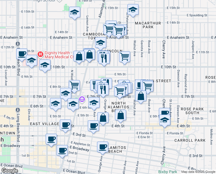map of restaurants, bars, coffee shops, grocery stores, and more near 827 Orange Avenue in Long Beach