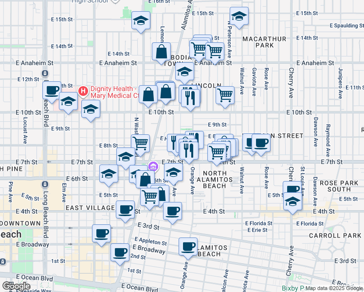 map of restaurants, bars, coffee shops, grocery stores, and more near 23 North San Pablo Court in Long Beach