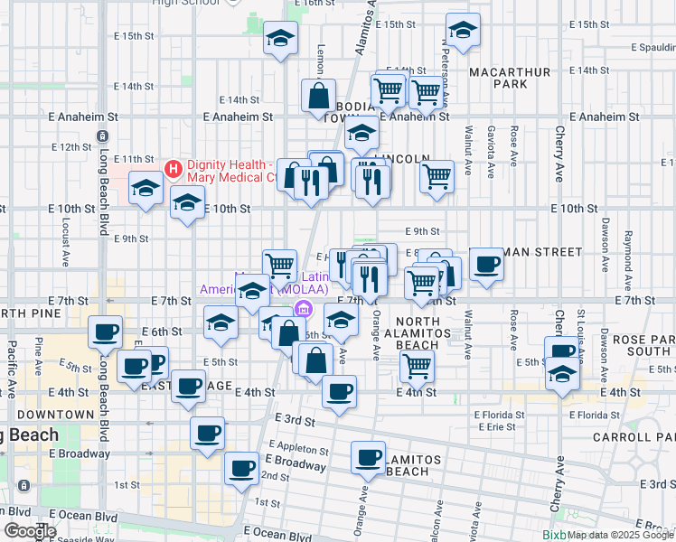 map of restaurants, bars, coffee shops, grocery stores, and more near 23 North San Pablo Court in Long Beach