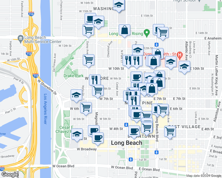 map of restaurants, bars, coffee shops, grocery stores, and more near 819 Cedar Avenue in Long Beach