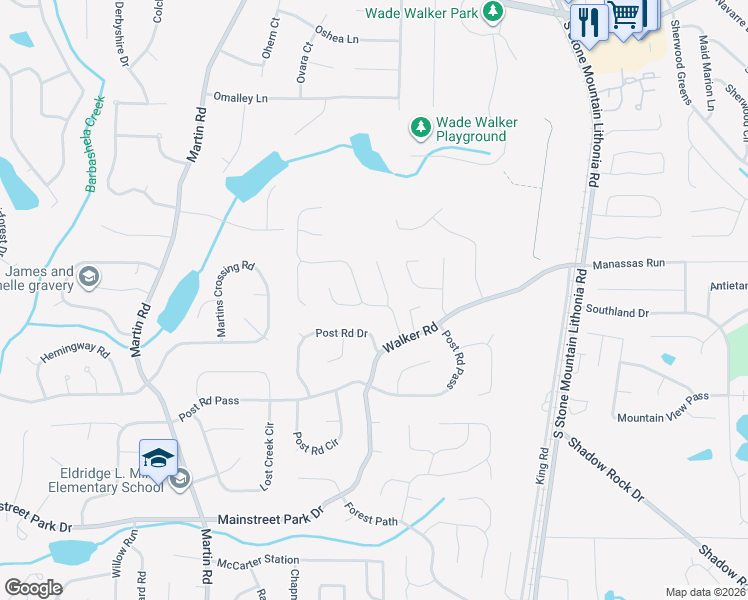 map of restaurants, bars, coffee shops, grocery stores, and more near 667 Kingsgate Ridge in Stone Mountain