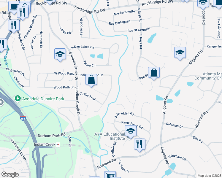 map of restaurants, bars, coffee shops, grocery stores, and more near 4145 Indian Manor Drive in Stone Mountain
