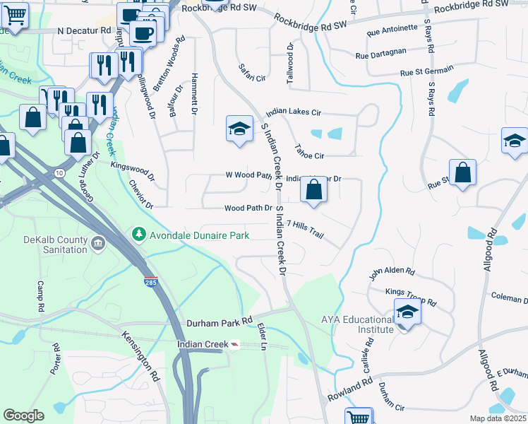 map of restaurants, bars, coffee shops, grocery stores, and more near 3959 Wood Path Drive in Stone Mountain