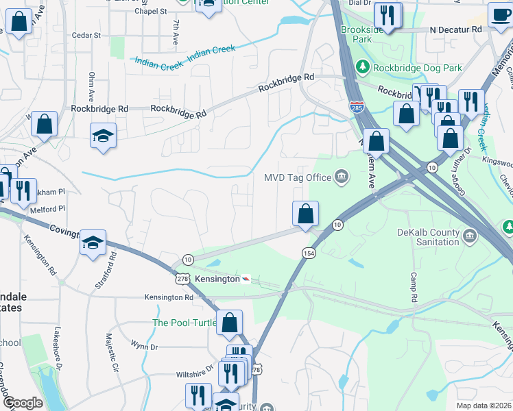 map of restaurants, bars, coffee shops, grocery stores, and more near 601 Alexander Hills in Decatur