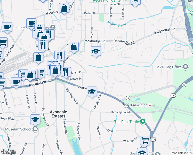 map of restaurants, bars, coffee shops, grocery stores, and more near 590 Stratford Green in Avondale Estates