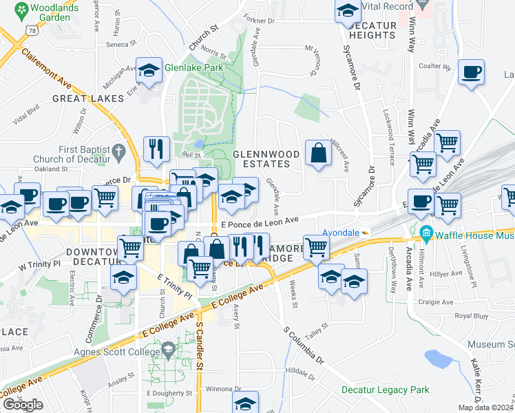 map of restaurants, bars, coffee shops, grocery stores, and more near 510 East Ponce de Leon Avenue in Decatur
