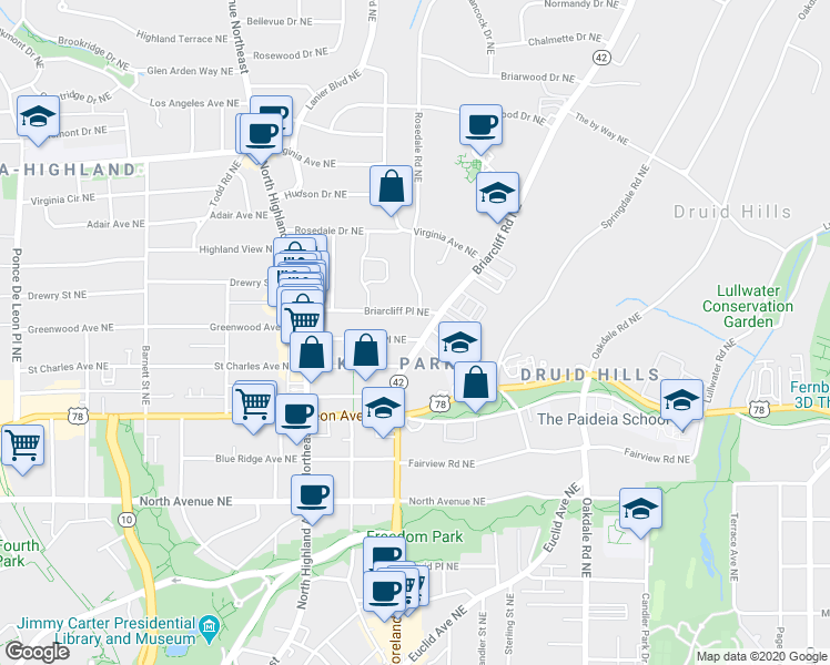 map of restaurants, bars, coffee shops, grocery stores, and more near 806 Briarcliff Road Northeast in Atlanta