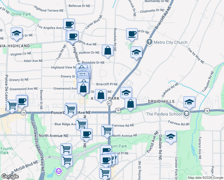 map of restaurants, bars, coffee shops, grocery stores, and more near in Atlanta