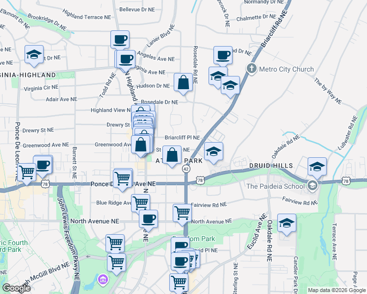 map of restaurants, bars, coffee shops, grocery stores, and more near 1155 Briarcliff Place Northeast in Atlanta
