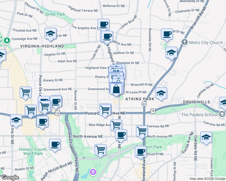 map of restaurants, bars, coffee shops, grocery stores, and more near 1035 Greenwood Avenue Northeast in Atlanta
