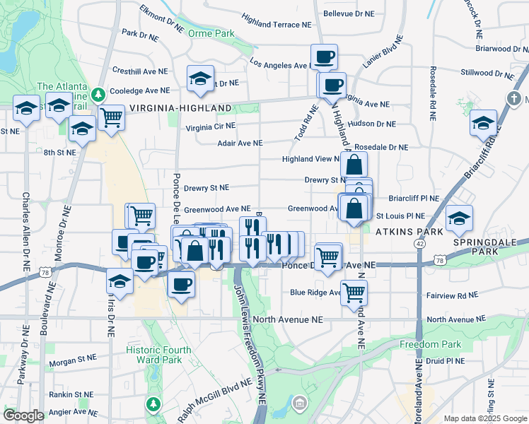 map of restaurants, bars, coffee shops, grocery stores, and more near 821 Barnett Street Northeast in Atlanta