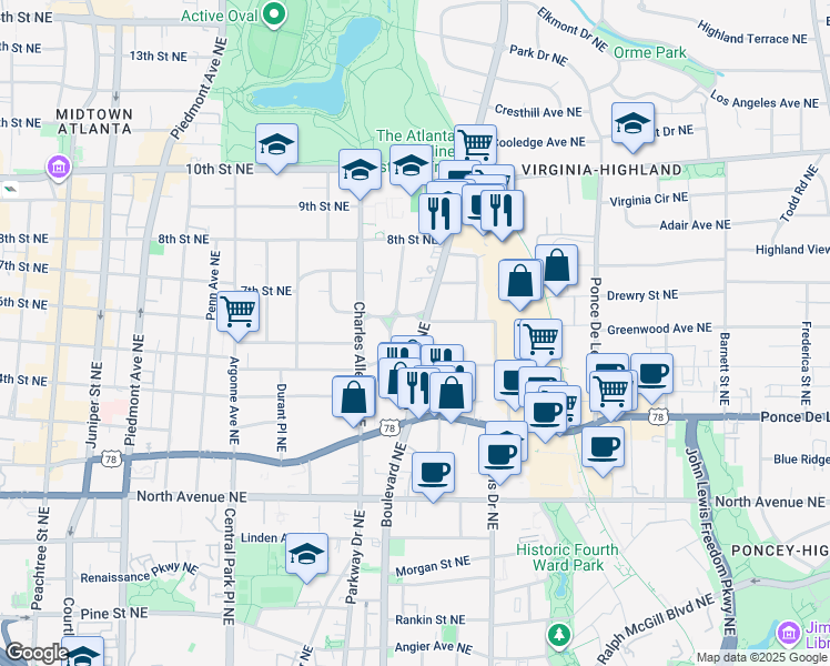 map of restaurants, bars, coffee shops, grocery stores, and more near in Atlanta