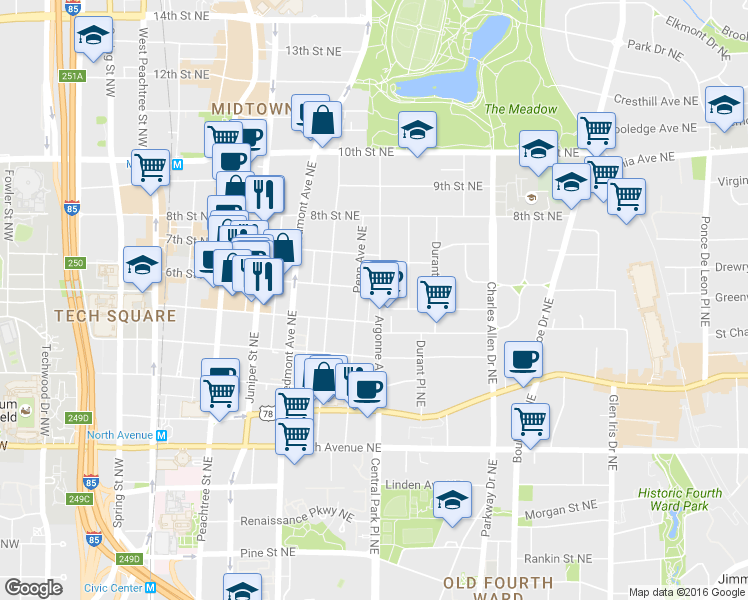 map of restaurants, bars, coffee shops, grocery stores, and more near 804 Argonne Avenue Northeast in Atlanta