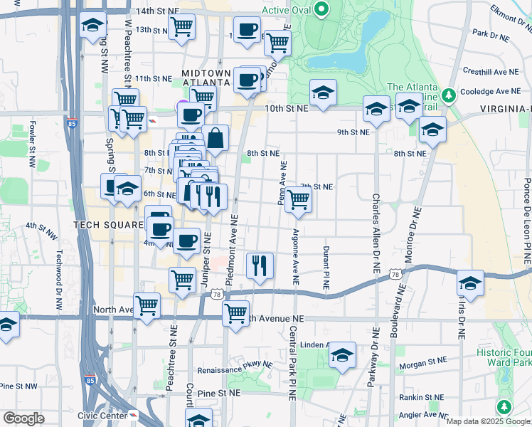 map of restaurants, bars, coffee shops, grocery stores, and more near 815 Myrtle Street Northeast in Atlanta