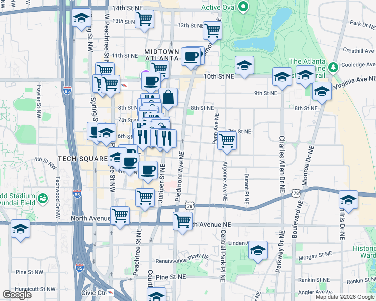 map of restaurants, bars, coffee shops, grocery stores, and more near 821 Piedmont Avenue Northeast in Atlanta