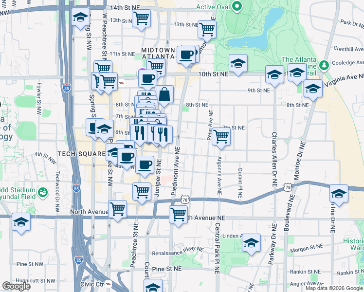 map of restaurants, bars, coffee shops, grocery stores, and more near 821 Piedmont Avenue Northeast in Atlanta