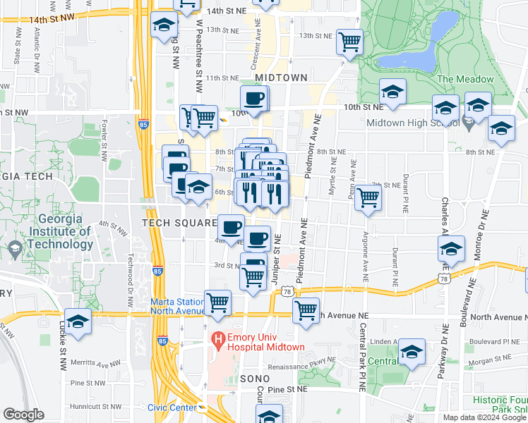 map of restaurants, bars, coffee shops, grocery stores, and more near 805 Peachtree Street Northeast in Atlanta