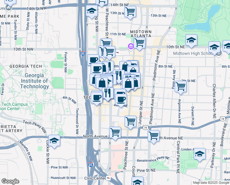 map of restaurants, bars, coffee shops, grocery stores, and more near 30 5th Street Northeast in Atlanta