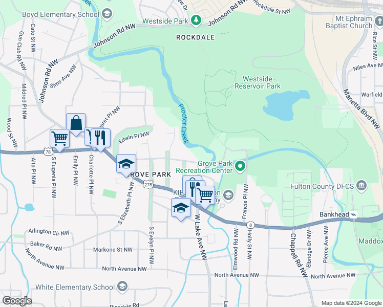 map of restaurants, bars, coffee shops, grocery stores, and more near 1721 Hortense Place Northwest in Atlanta