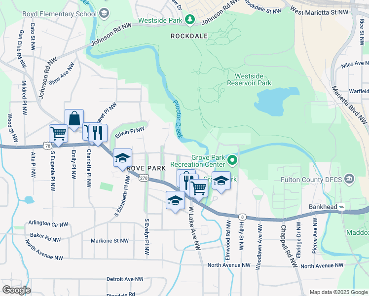 map of restaurants, bars, coffee shops, grocery stores, and more near 1721 Hortense Place Northwest in Atlanta