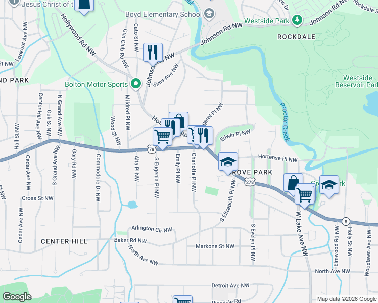 map of restaurants, bars, coffee shops, grocery stores, and more near 2035 Donald Lee Hollowell Parkway Northwest in Atlanta