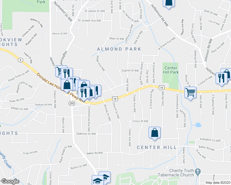 map of restaurants, bars, coffee shops, grocery stores, and more near 781 Peyton Avenue Northwest in Atlanta