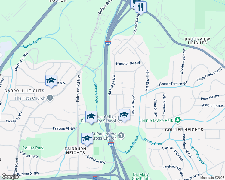 map of restaurants, bars, coffee shops, grocery stores, and more near 773 Harwell Road Northwest in Atlanta