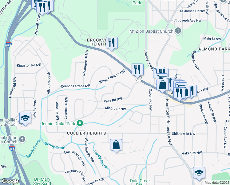 map of restaurants, bars, coffee shops, grocery stores, and more near 847 Magna Carta Drive Northwest in Atlanta