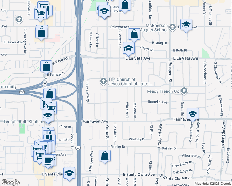 map of restaurants, bars, coffee shops, grocery stores, and more near 719 South Rosalind Drive in Orange