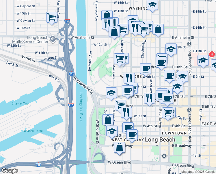 map of restaurants, bars, coffee shops, grocery stores, and more near 742 North Loma Vista Drive in Long Beach