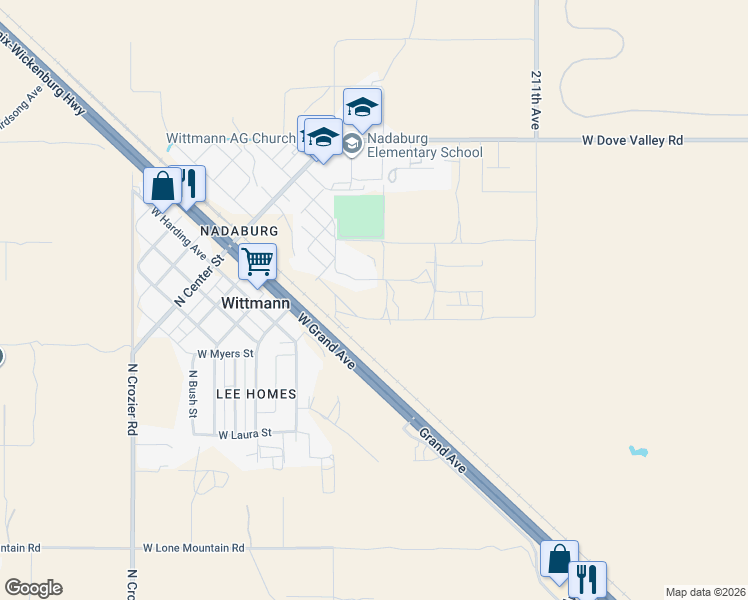 map of restaurants, bars, coffee shops, grocery stores, and more near 21411 West Wildflower Drive in Wittmann
