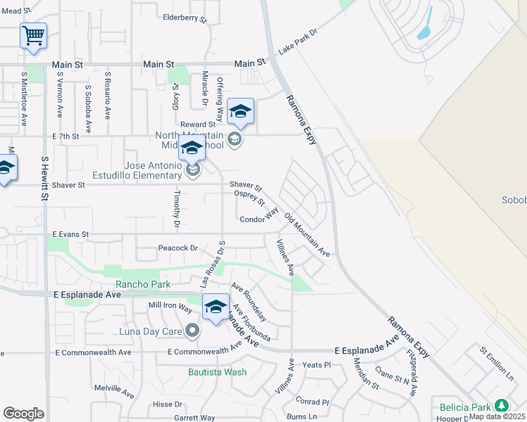 map of restaurants, bars, coffee shops, grocery stores, and more near 1274 Osprey Street in San Jacinto