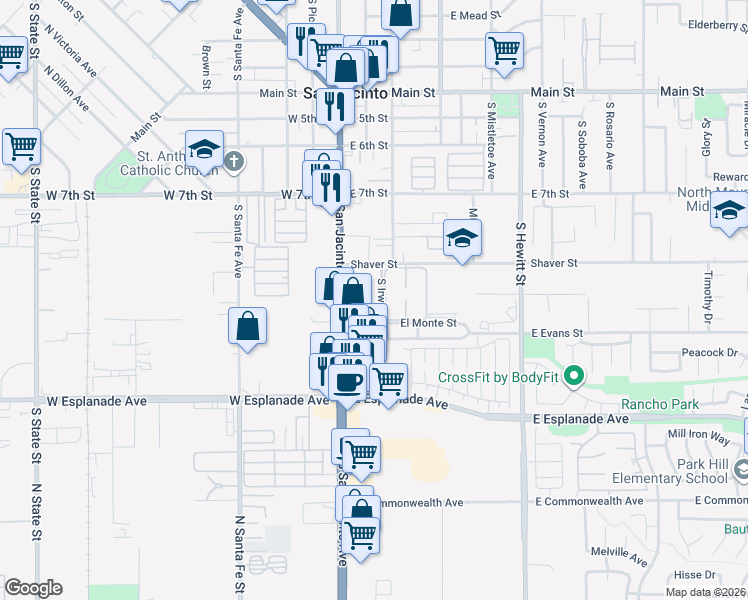 map of restaurants, bars, coffee shops, grocery stores, and more near South Irwin Street in San Jacinto