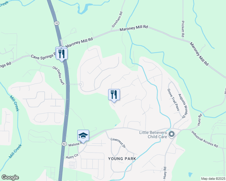map of restaurants, bars, coffee shops, grocery stores, and more near 7378 Essex Drive in Douglasville