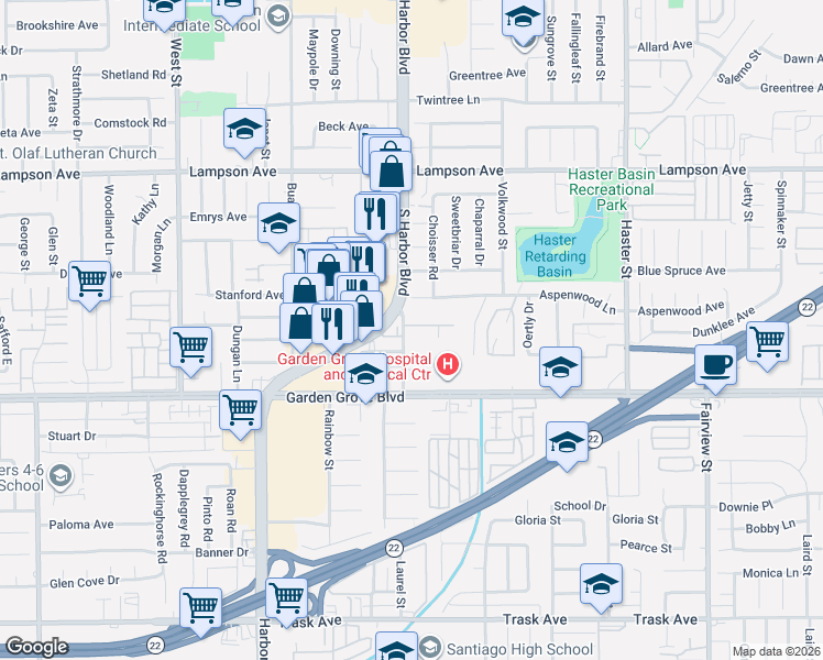 map of restaurants, bars, coffee shops, grocery stores, and more near 12842 Palm Street in Garden Grove