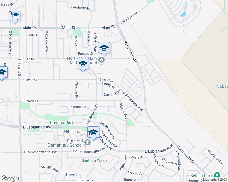 map of restaurants, bars, coffee shops, grocery stores, and more near 1274 Osprey Street in San Jacinto