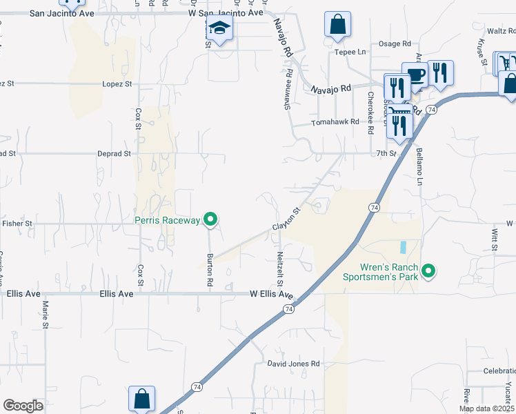 map of restaurants, bars, coffee shops, grocery stores, and more near 1020 Clayton Street in Perris