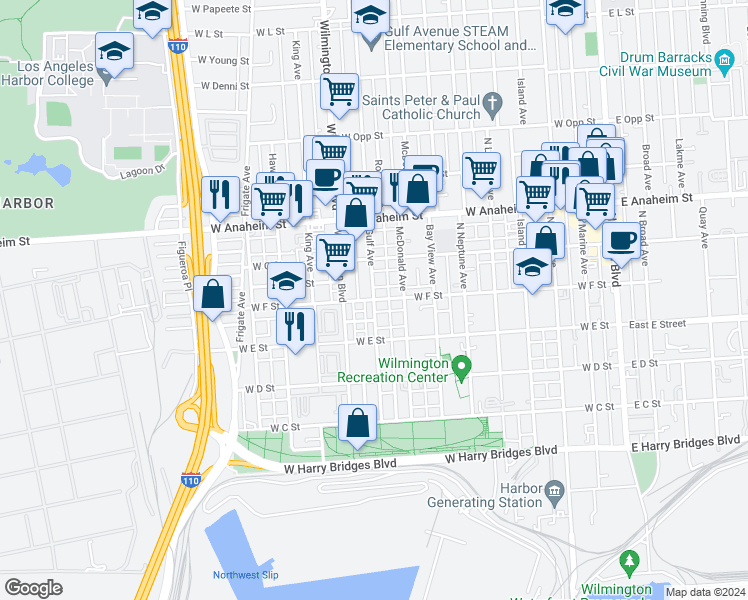 map of restaurants, bars, coffee shops, grocery stores, and more near Gulf Avenue & West F Street in Los Angeles
