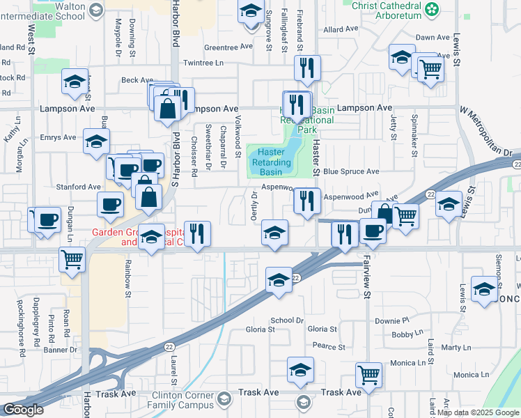 map of restaurants, bars, coffee shops, grocery stores, and more near 12801 Sungrove Street in Garden Grove