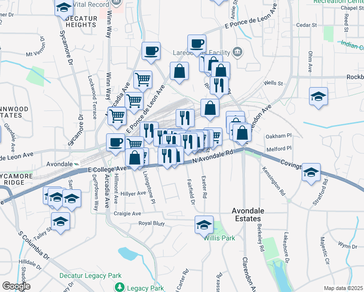 map of restaurants, bars, coffee shops, grocery stores, and more near 2855 Washington St in Avondale Estates