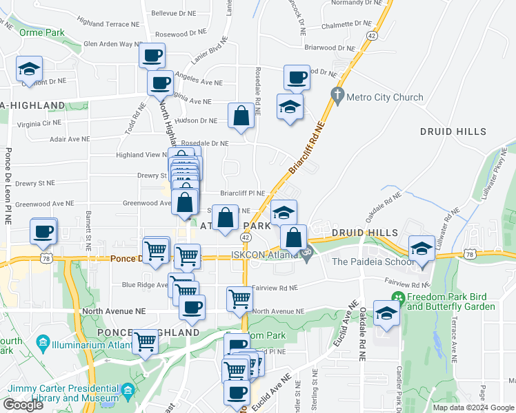 map of restaurants, bars, coffee shops, grocery stores, and more near 806 Briarcliff Road Northeast in Atlanta