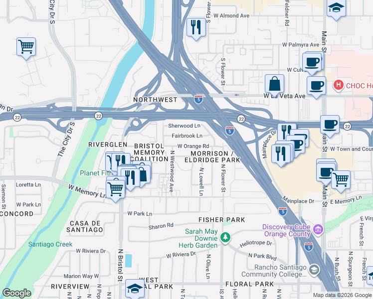 map of restaurants, bars, coffee shops, grocery stores, and more near 1005 West Orange Road in Santa Ana
