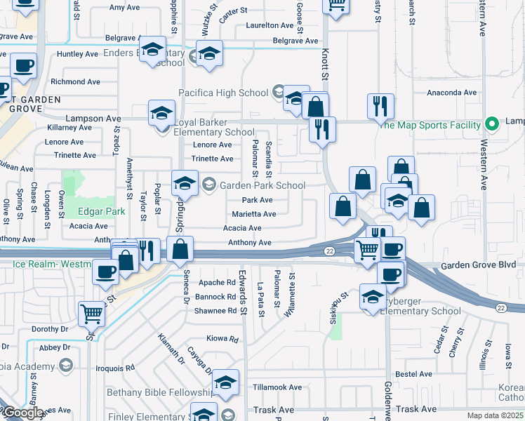 map of restaurants, bars, coffee shops, grocery stores, and more near 6731 Park Avenue in Garden Grove